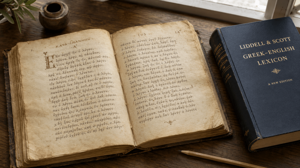 Open ancient Greek manuscript beside an English dictionary on a wooden desk, illustrating the process of translating ancient Greek to English