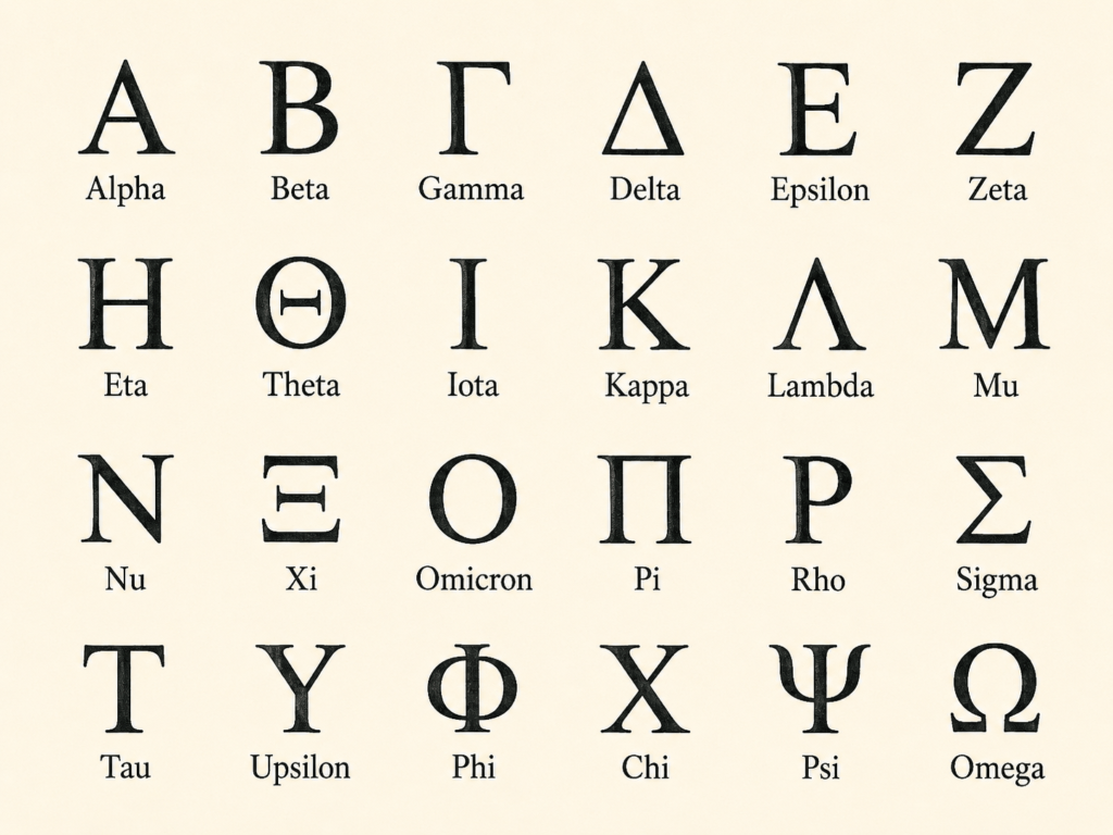 Chart of all 24 ancient Greek alphabet letters with their English names, from Alpha to Omega, used for learning ancient Greek translation