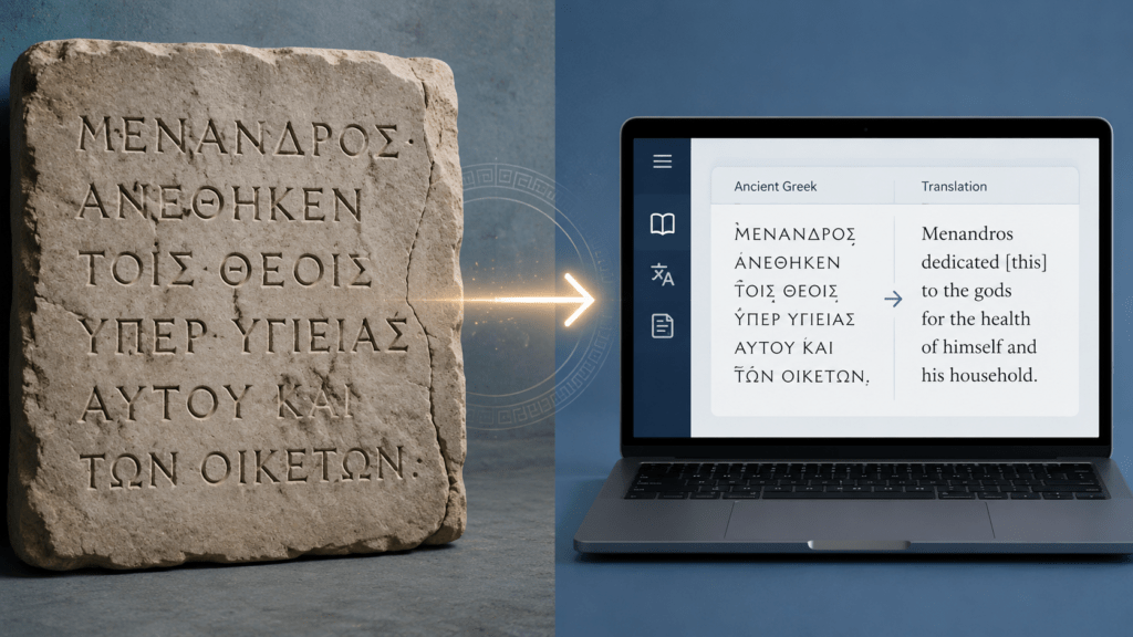 Split image showing ancient Greek stone inscription on the left and a modern AI translation interface on a laptop screen on the right, representing the use of AI for ancient Greek to English translation