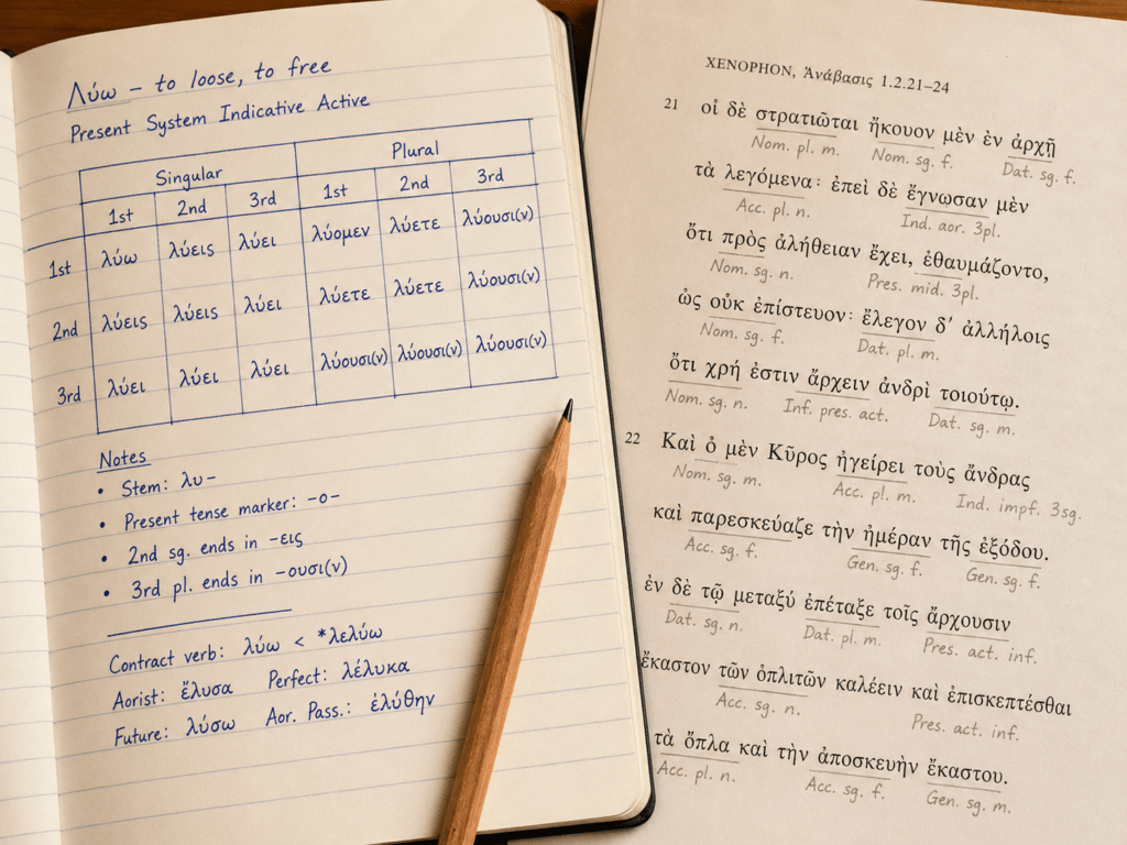 Handwritten ancient Greek verb conjugation notes with case ending annotations alongside a printed Greek text, showing how grammar guides translation